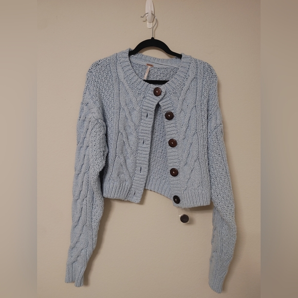 FREE PEOPLE Bonfire Cardigan Cardi Sweater in Boardwalk Blue - Picture 4 of 9